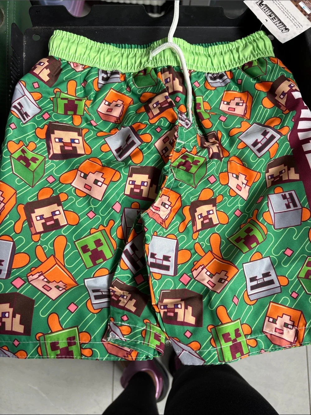 Kids Drawstring Swim Shorts in Green - Fun Cartoon Print MINDCRAFT SIZE 7